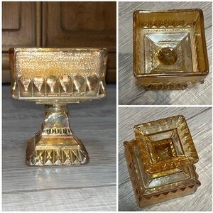 1960’s Jeanette Glass Wedding Cake Box Pedestal Candy Dish In Apricot
